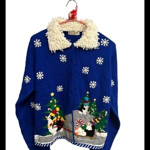 Vintage Lord & Taylor blue Christmas snowman cardigan with jungle bells ADORBS